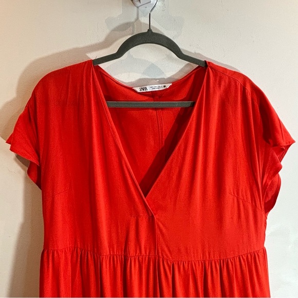 ZARA Sz L Viscose Linen Blend Tiered V-Neck Flowy Feminine Fresh Maxi Dress NEW - Picture 5 of 10